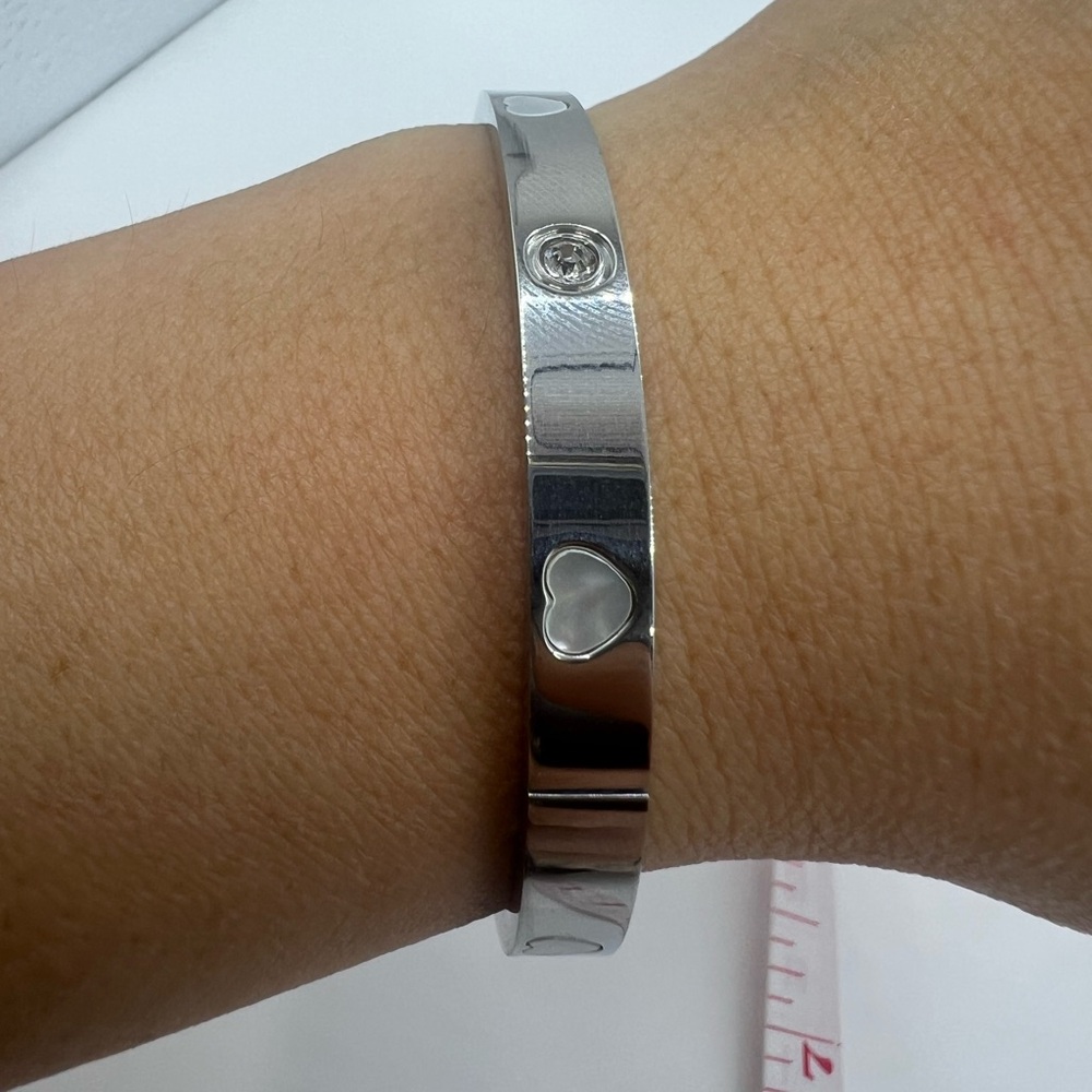 Silver Heart and Stone Bangle Bracelet - Picture 6 of 13